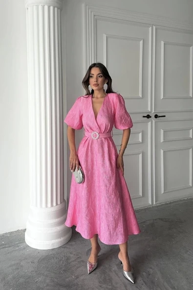 Pembe Işıltılı Kemerli Kruvaze Elbise - 3