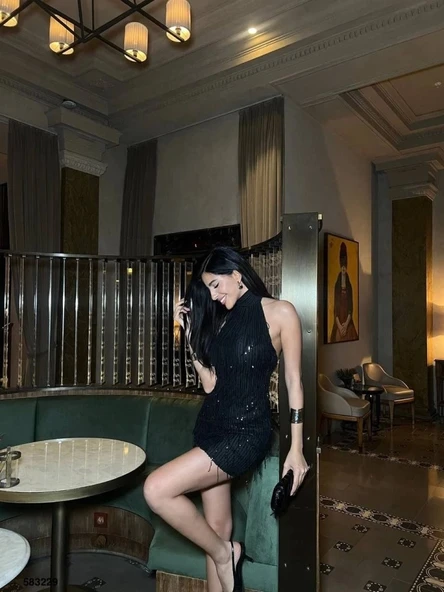 Kadın Pul Payet Kumaş Halter Yaka Mini Elbise - 5