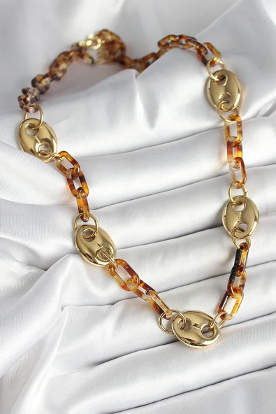 Leopar Desenli Mika Gold Renk Zincir Kadın Kolye - TJ-BKO10237 - 1