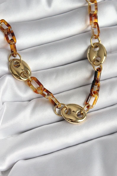 Leopar Desenli Mika Gold Renk Zincir Kadın Kolye - TJ-BKO10237 - 2