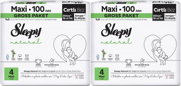 Sleepy Bebek Bezi Natural Beden:4 (7-14KG) Maxi 200 Adet Ekonomik Ultra Pk
