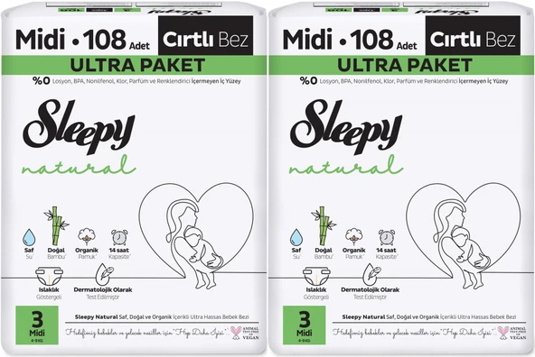 Sleepy Bebek Bezi Natural Beden:3 (4-9KG) Midi 216 Adet Ekonomik Ultra Pk