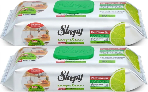 Sleepy Easy Clean Yüzey Temizlik Mutfak Havlusu -Mendili  50 Yaprak Bergomot Yağlı (2Li Set) 100Yprk