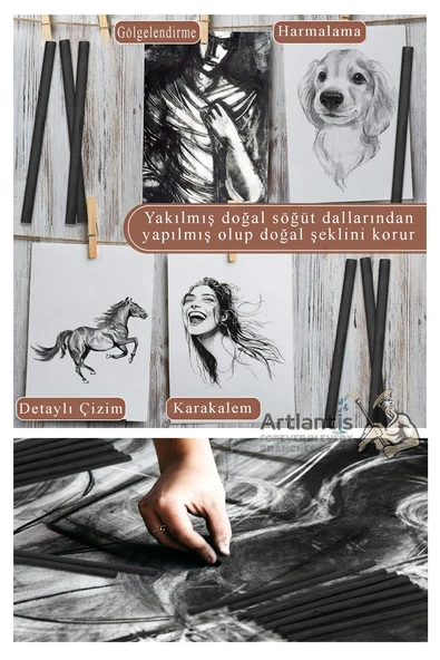 Kömür Çubukları Doğal Füzen 12 li 1 Paket Eskiz Karakalem Çizim Gölgeleme Kömürü Siyah Willow Charcoal Hobi Sanat - 2