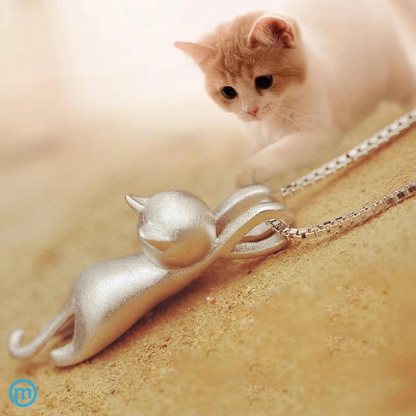 925 Ayar Gümüş Tiny Sevimli Kedi Kadın Kolye-Parlak Sevgililer Günü Hediyelik