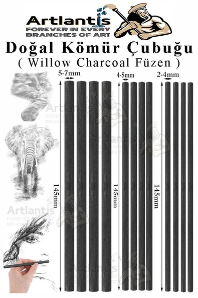 Kömür Çubukları Doğal Füzen 12 li 1 Paket Eskiz Karakalem Çizim Gölgeleme Kömürü Siyah Willow Charcoal Hobi Sanat