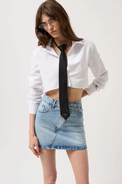 Asimetrik Kemer Denim Mini Etek