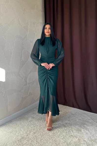 Zümrüt Önü Büzgülü Şifon Elbise