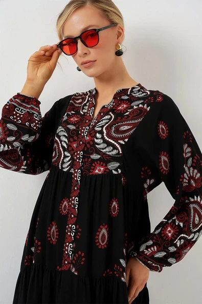 2423 Otantik Desenli Tesettür Elbise - Siyah - Bordo - 4