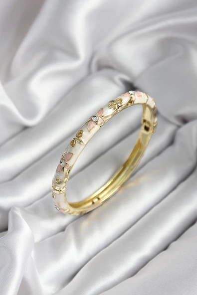 Mineli Pirinç Çiçek Desenli Zirkon Taşlı Gold Renk Kadın Kelepçe (çap 60 mm) - TJ-BB6986