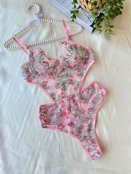 Aria's Closet Çiçek Dal Desenli Pembe Bodysuit