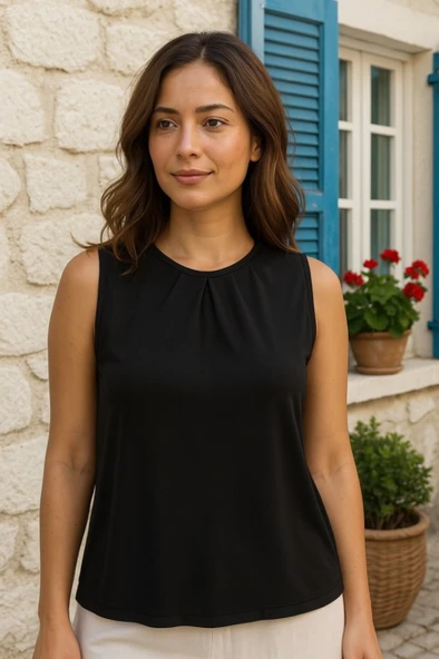 Kadın Askılı Yuvarlak Büzgü Yaka Sandy Bluz - 2