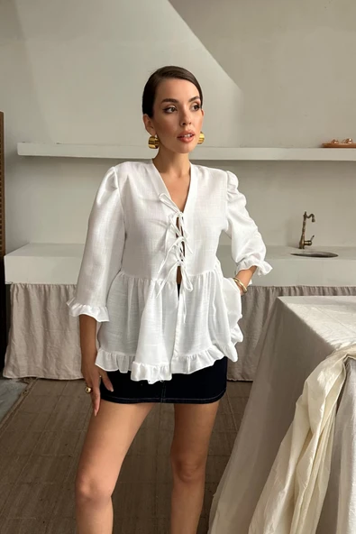 KETEN BLUZ ÖNDEN BAĞLAMALI FIRFIR DETAYLI - Beyaz