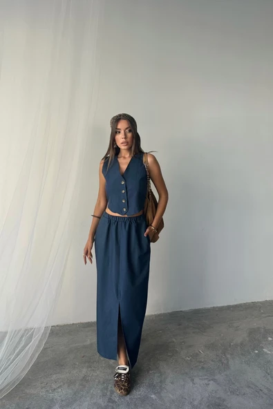 TENCEL YELEK - YIRTMAÇLI ETEK TAKIM - İndigo