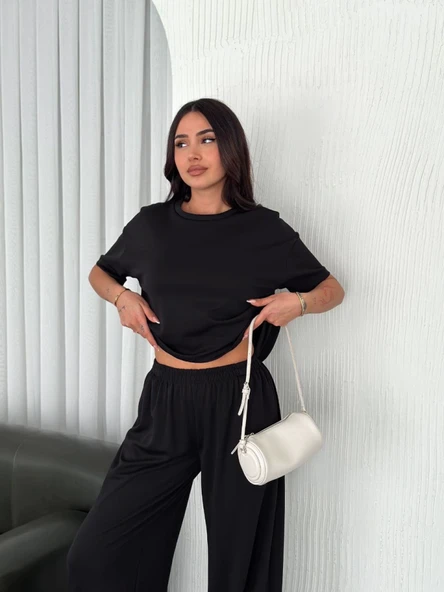 Osy Modal Yumuşak Dokulu Kumaş Bisiklet Yaka T-shirt Bol Paça Pantalon Ikili Takım -Siyah