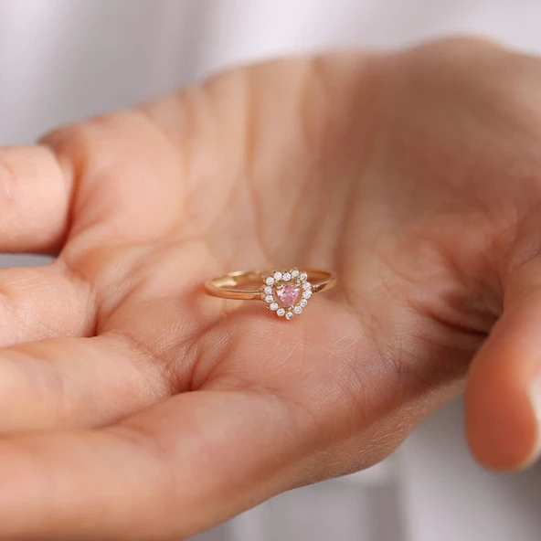 Altın Kalpli Yüzük Pink Topaz - 3