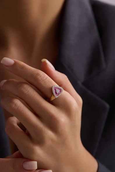 Pink Baget Taşlı Üçgen Yüzük - 2