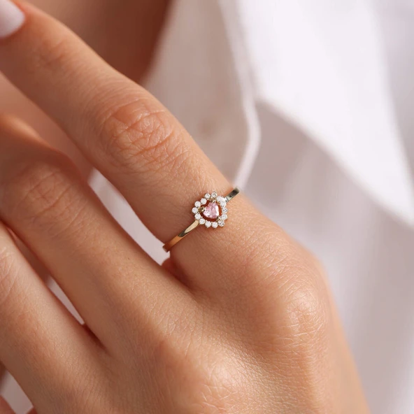 Altın Kalpli Yüzük Pink Topaz