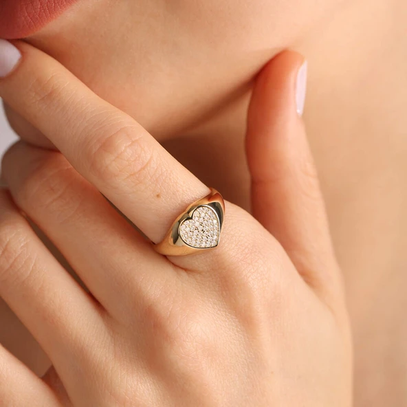 14 Ayar Kalp Şövalye Yüzük Taşlı - Resim 2