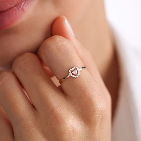 Altın Kalpli Yüzük Pink Topaz - 2
