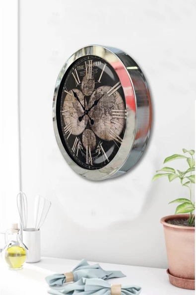 Kasva Concept Hediyelik 36 Cm Krom Metal Dünya Haritası Duvar Saati - 2