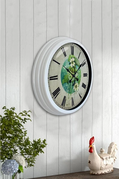 Kasva Concept Hediyelik 40 Cm Beyaz Metal Çiçek Duvar Saati