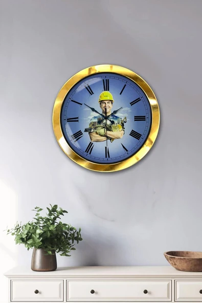 Kasva Concept Hediyelik 36 Cm Gold Metal Inşaat Sektörü Duvar Saati