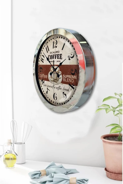 Kasva Concept Hediyelik 36 Cm Krom Metal Espresso Duvar Saati - 2