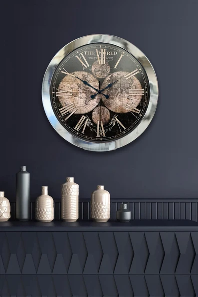 Kasva Concept Hediyelik 36 Cm Krom Metal Dünya Haritası Duvar Saati