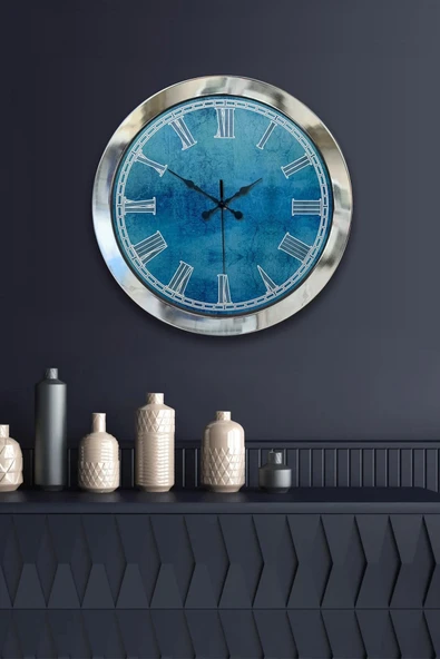 Kasva Concept 36 Cm Krom Metal Mavi Desen Duvar Saati