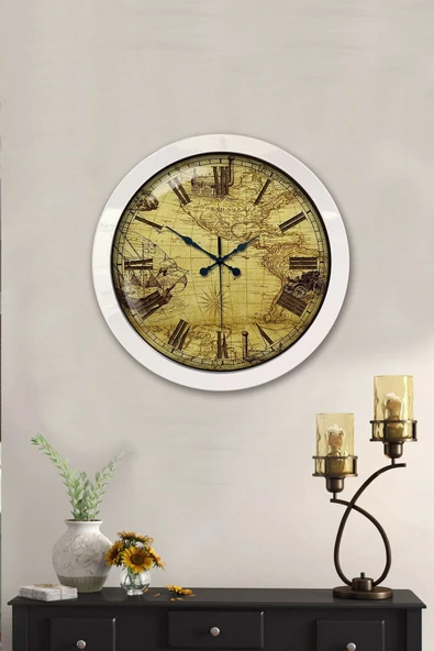Kasva Concept Hediyelik 36 Cm Beyaz Metal Harita Duvar Saati