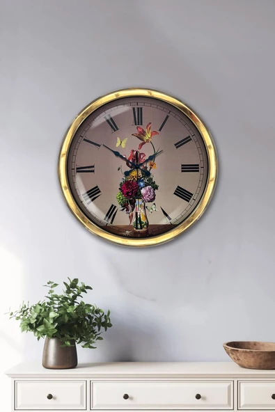 Kasva Concept Hediyelik 40 Cm Gold Metal Çiçek Duvar Saati