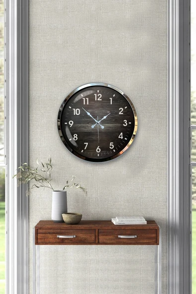 Kasva Concept Hediyelik 40 Cm Krom Metal Ahşap Sayı Duvar Saati Hediyelik
