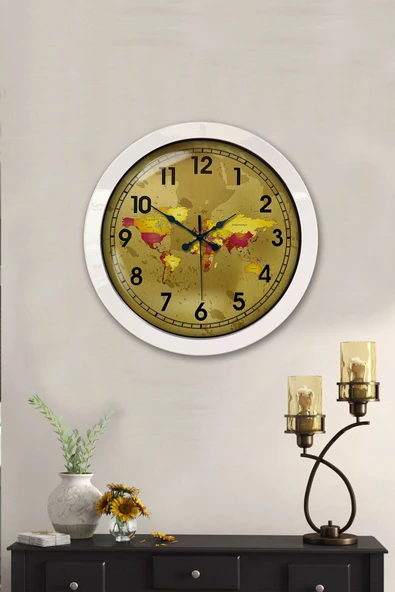 Kasva Concept Hediyelik 36 Cm Beyaz Metal Harita Duvar Saati