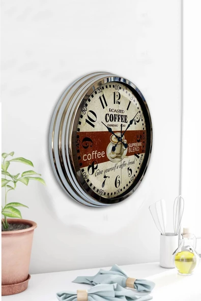 Kasva Concept Hediyelik 40 Cm Krom Metal Espresso Duvar Saati - 4