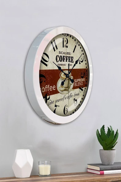 Kasva Concept Hediyelik 36 Cm Beyaz Metal Espresso Duvar Saati - 4