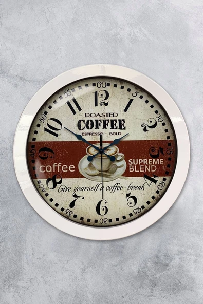 Kasva Concept Hediyelik 36 Cm Beyaz Metal Espresso Duvar Saati