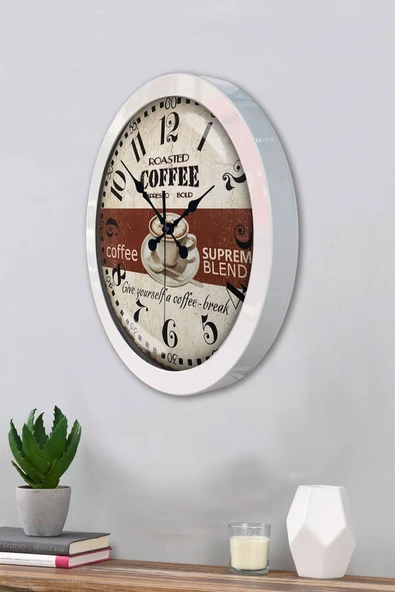 Kasva Concept Hediyelik 36 Cm Beyaz Metal Espresso Duvar Saati - 3
