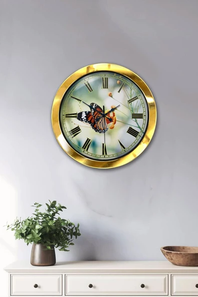 Kasva Concept Hediyelik 36 Cm Gold Metal Kelebek Duvar Saati