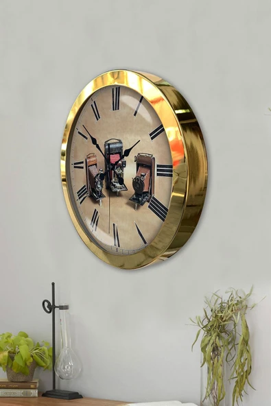 Kasva Concept 36 Cm Gold Metal Fotoğraf Makinası Duvar Saati - 3