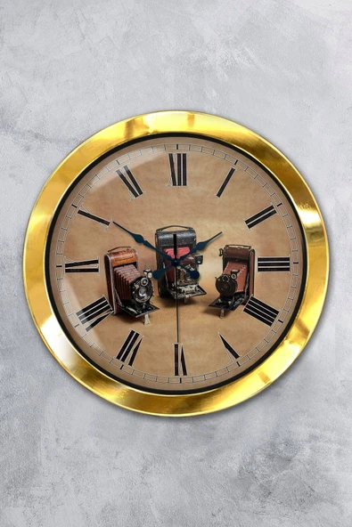 Kasva Concept 36 Cm Gold Metal Fotoğraf Makinası Duvar Saati
