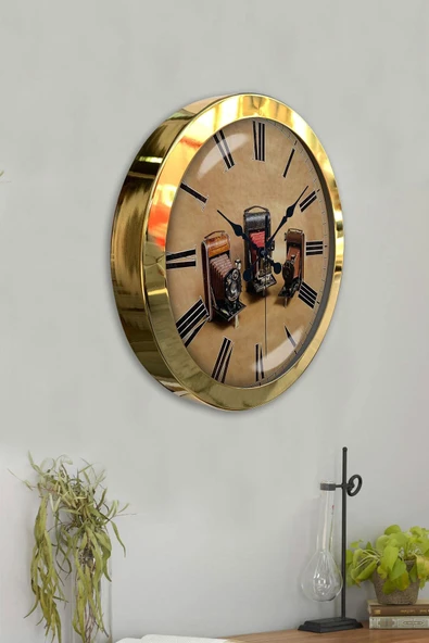 Kasva Concept 36 Cm Gold Metal Fotoğraf Makinası Duvar Saati - 4
