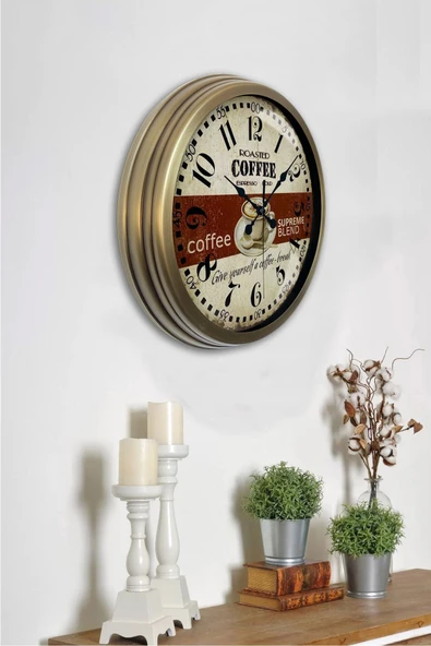 Kasva Concept Hediyelik 40 Cm Eskitme Metal Espresso Duvar Saati - 2