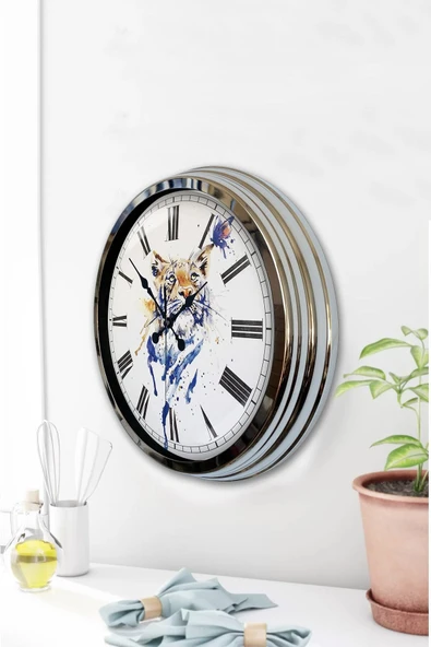 Kasva Concept Hediyelik 40 Cm Krom Metal Vaşak Duvar Saati - 2