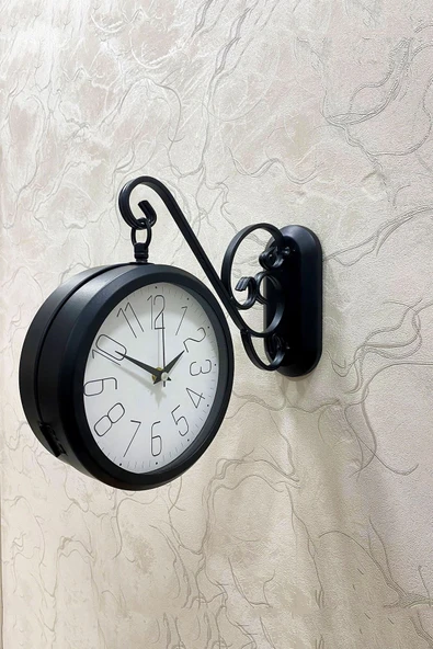 Platin Saat 36x25 Cm Siyah Metal Çift Taraflı İstasyon Model Duvar Saati Ev Holü Duvar Dekorasyonu