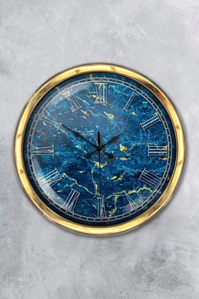 Kasva Concept Hediyelik 40 Cm Gold Metal Mavi Mermer Duvar Saati