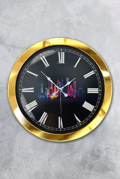 Kasva Concept Hediyelik 36 Cm Gold Metal Gökdelenler Duvar Saati
