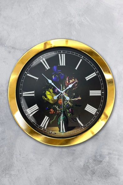 Kasva Concept Hediyelik 36 Cm Gold Metal Vazolu Çiçek Duvar Saati