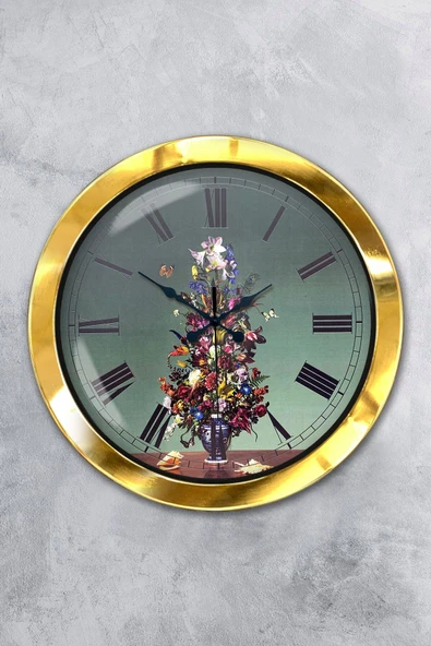 Kasva Concept Hediyelik 36 Cm Gold Metal Vazolu Çiçek Duvar Saati