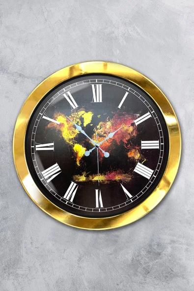 Kasva Concept Hediyelik 36 Cm Gold Metal Dünya Haritası Duvar Saati